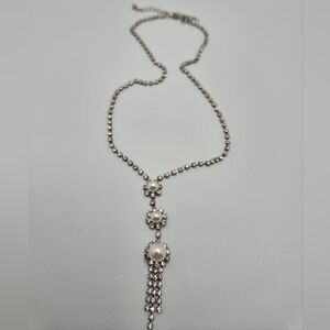 Vintage Rhinestones & Faux Pearl Tassel Drop Necklace Silver Tone 17''